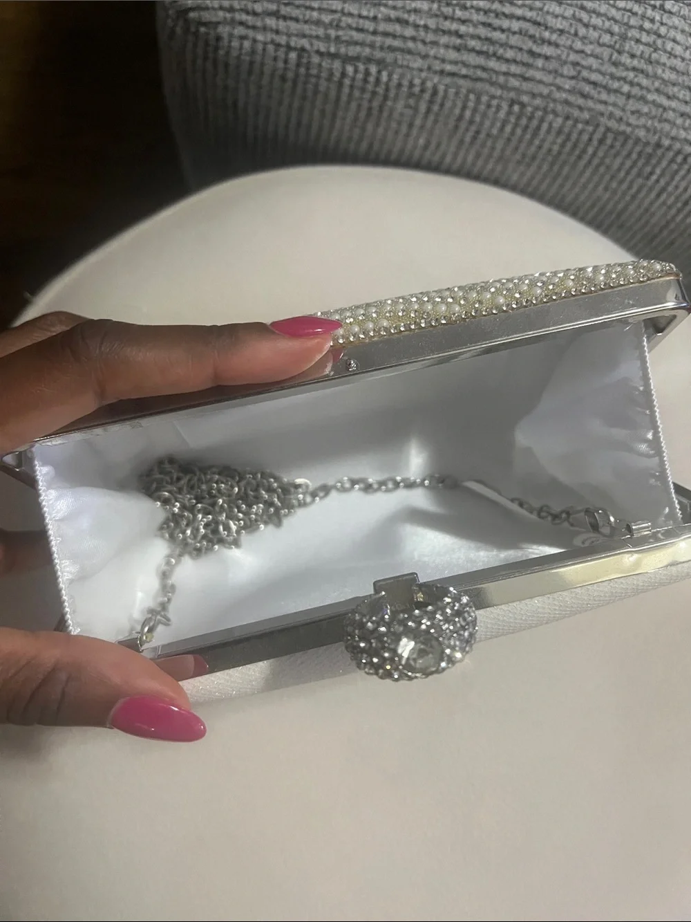 David's Bridal White Beaded Pearl & Crystal Evening Clutch